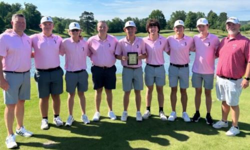 Weaver’s boys’ golf team celebrates Monday, after finishing second in the Class 3A, North 2 substate tournament at Silver Lakes. (Submitted photo)