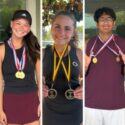 Donoho’s Avery Barnett (left) and Oxford’s Claire Maniscalco (center) are East Alabama Sports Today co-players of the year for Calhoun County girls’ tennis, and Donoho’s Rishi Reddy is boys’ player of the year. (Submitted photos)