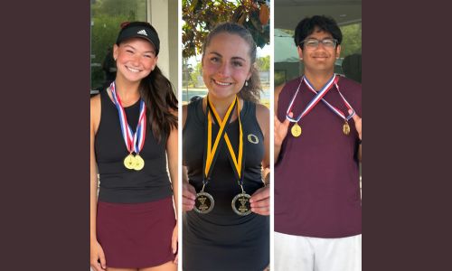 Donoho’s Avery Barnett (left) and Oxford’s Claire Maniscalco (center) are East Alabama Sports Today co-players of the year for Calhoun County girls’ tennis, and Donoho’s Rishi Reddy is boys’ player of the year. (Submitted photos)