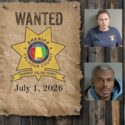 Wanted photo with 5 mugshots on old west wood planked wall with wanted poster and Sheriff's Office star
