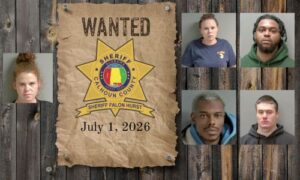 Wanted photo with 5 mugshots on old west wood planked wall with wanted poster and Sheriff's Office star
