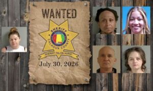 Wanted photo with 5 mugshots on old west wood planked wall with wanted poster and Sheriff's Office star