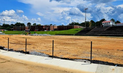 Progress on Weaver High School’s football turf installation as of Thursday afternoon. (Photo by Joe Medley/East Alabama Sports Today)