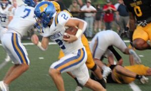 Piedmont running back Jaxson Howard runs for yardage at Cherokee County on Friday. (Photo by Shannon Fagan/WEIS sports director)