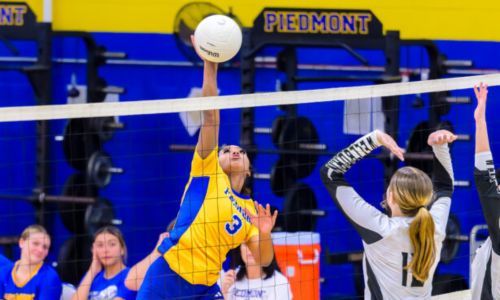 Piedmont’s Amiyah Thomas hits as Wellborn’s Kaitly Layton (12) and Brylee Luker attempt to block Monday at Piedmont. (Photo by Brad Campbell/sport-shutter.com)