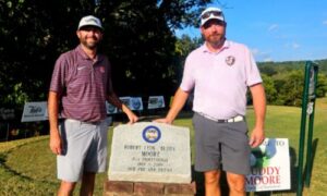 Brennan Clay (left) and Andrew Brooks shot a 15-under 55 on Saturday to lead the 18th Buddy Moore Charity Golf Tournament by one stroke. (Photo by Joe Medley/East Alabama Sports Today)