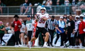 Jax State’s Luke Gilbert breaks loose for an 82-yard touchdown reception against Ohio in Athens, Ohio, on Saturday. The Gamecocks fell 29-27 in four overtimes. (Photo by Emily Kish/Jax State)