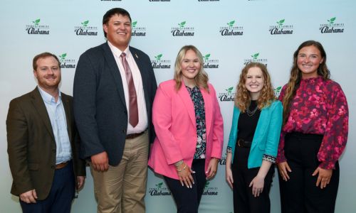 Eighteen students from five colleges and universities showcased their leadership and problem-solving skills during the Alabama Farmers Federation Collegiate Discussion Meet Oct. 2 in Opelika. Federation Director of Ag Leadership Programs and Young Farmers Hunter McBrayer congratulated the winners. From left are McBrayer, Jackson Cleary of Calhoun County, first place; Lydia East of Cherokee County, second place; Mackenzie Smith of Marshall County, third place; and Belle Sansom of Baldwin County, fourth place. Cleary, East and Sansom attend Auburn University, and Smith is a student at Troy University. 