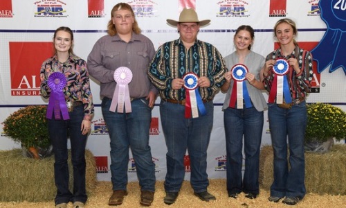 Senior Premier Exhibitor winners in the Youth Goat Show at the Alabama National Fair Oct. 10 in Montgomery were, from left, Ella Alldredge of Blount County, grand champion; Nathan Brand of Tuscaloosa County, reserve champion; Ethan Cone of Calhoun County, third; Alyssa Bennett of Calhoun County, fourth; and Kensley Phillips of St. Clair County, fifth. The senior division is for students 16-19 years of age. The Premier Exhibitor contest combines results from a quiz, animal evaluation and showmanship. Alabama Farmers Federation and Alfa Insurance sponsored youth livestock activities at the fair.