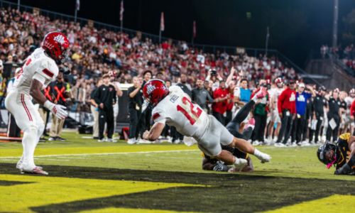 Jax State quarterback Caden Creel scores on a 2-yard touchdown run Wednesday at Kennesaw State. (Photo by Emily Kish/Jax State)