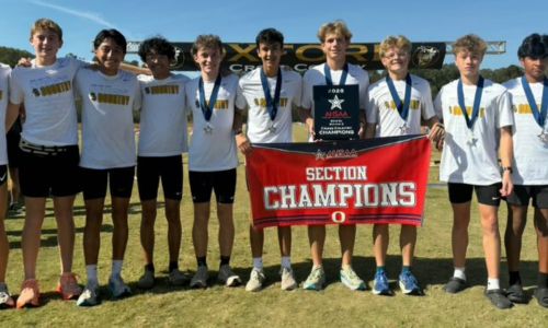 Oxford’s boys celebrate after winning the Class 5A, Section 6 meet Friday at Choccolocco Park. (Submitted photo)